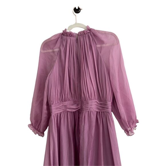 Mac Duggal Chiffon Ruched Illusion Raglan Sleeve Ruffled Gown Lilac Women's 12 - Picture 7 of 10